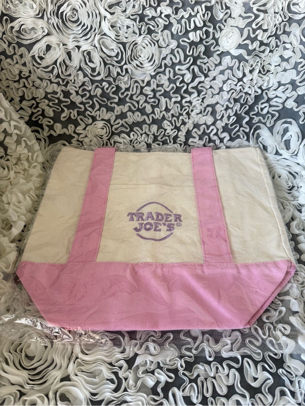 BNWT! Trader Joe’s mini pastel Pink & Cream Canvas Tote Bag
